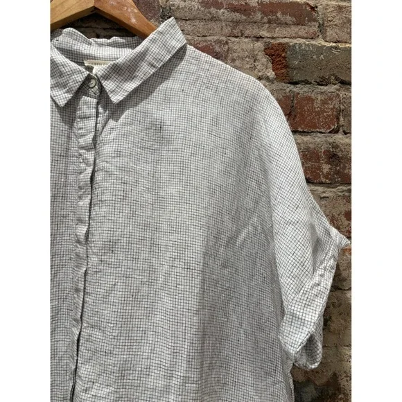 Eileen Fisher Grey Grid Check Linen Short Sleeve Button Down Shirt Size Large - Picture 4 of 10